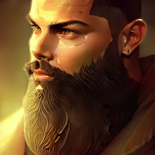 Image similar to Ronaldo with a majestic beard, closeup, D&D, fantasy, intricate, elegant, highly detailed, digital painting, artstation, concept art, matte, sharp focus, illustration, art by Artgerm and Greg Rutkowski and Alphonse Mucha