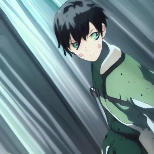 Prompt: fencer, anime style, green hair, dark, makoto shinkai, animated, animation, detailed, illustration, moody