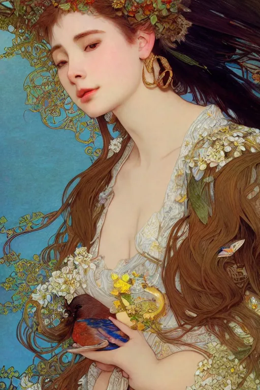 Prompt: a beautiful intricate beatutifull woman with birds, 4 k, ultra - wide angle, elagant, highly detailed, photorealistic, octane render, 8 k, unreal engine, by william turner, by alphonse mucha, by miho hirano, by moebius, hd, trending on artstation, hyper detailed, intense colors
