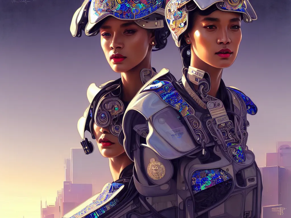 Prompt: portrait futuristic south africa police uniform female, at future neon light rooftop, ssci - fi and fantasy, intricate and very very beautiful and elegant, highly detailed, digital painting, artstation, concept art, smooth and sharp focus, illustration, art by tan zi and ayanamikodon and alphonse mucha and wlop