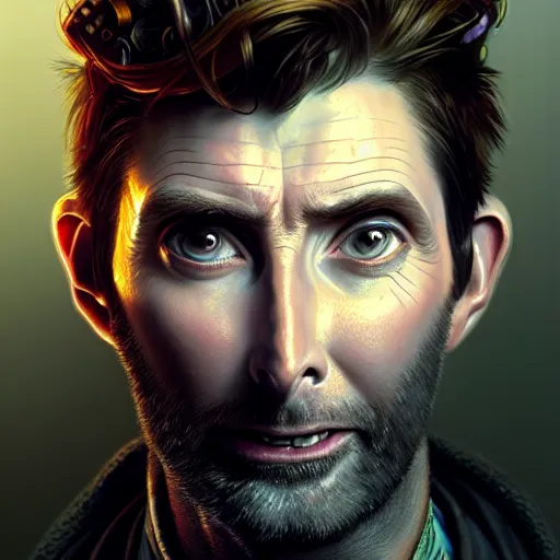 Image similar to portrait painting of a cyberpunk dwarven mechanic david tennant, ultra realistic, concept art, intricate details, eerie, highly detailed, photorealistic, octane render, 8 k, unreal engine. art by artgerm and greg rutkowski and charlie bowater and magali villeneuve and alphonse mucha