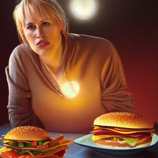 Image similar to portrait of patricia arquette eating giant hamburgers, extra bacon lettuce and tomatoes, ethereal volumetric light, hyperrealist, an oil painting by ross tran and thomas kincade