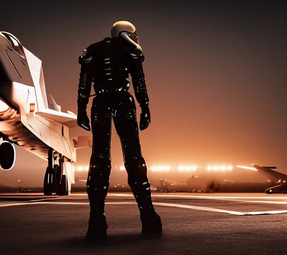 Image similar to fighter pilot stands beside futuristic sci fi fighter jet landed at runway of cyberpunk city, night photo ,dark cinematic lighting , digital concept art