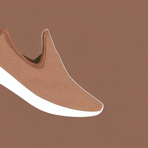 Prompt: a distinctively curved silhouette desert sand color shoe, upper of the shoe is made from a lightweight foam material and has holes, which gives the shoe its unique look. the desert sand color foam material used on the midsole and outsole of the shoe, foam - based slip - on shoe, designed by kanye west, studio lighting, studio portrait