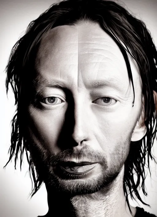 Image similar to a portrait of thom yorke from radiohead in kiss style makeup, realistic, photograph, high definition, 4 k, soft lighting