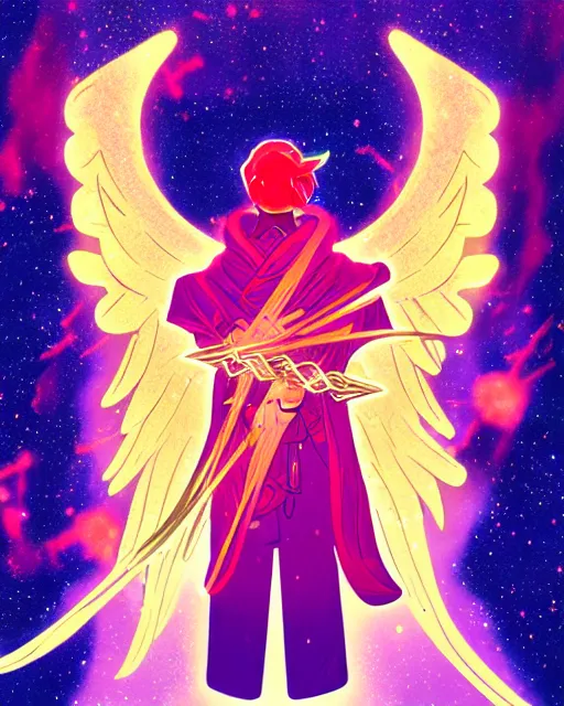 Prompt: a character portrait of a male angel with golden fiery wings, surrounded by spiriling sparkling rose crystals and galaxies, hyper light drifter, ukiyo - e trending on artstation