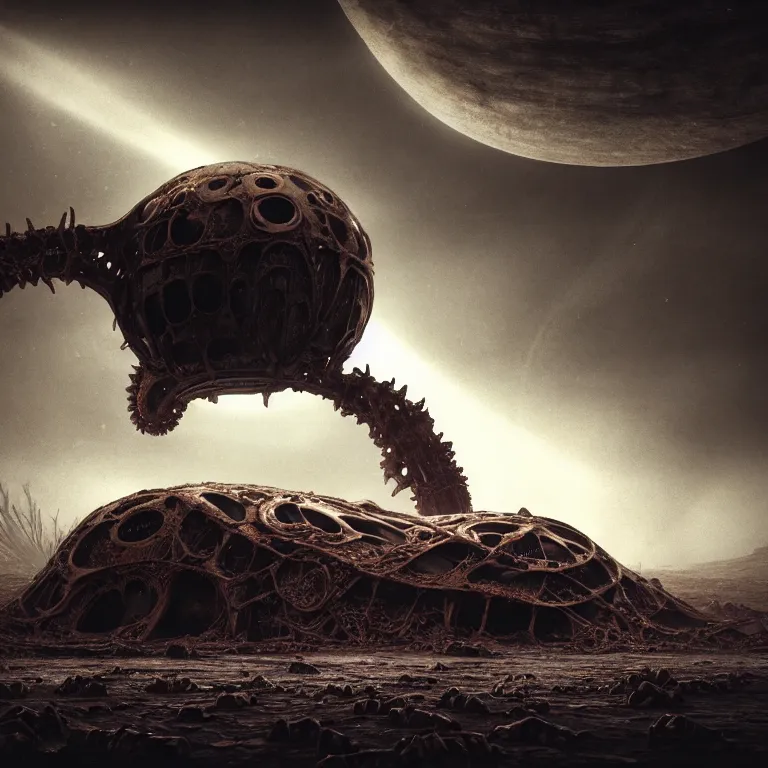 Image similar to ribbed abandoned biomechanical organic crashed spaceship in the shape of C on exoplanet in a desolate empty wasteland, covered with organic flesh, meat, creepy, nightmare, dream-like heavy atmosphere, surreal abandoned buildings, baroque painting, beautiful detailed intricate insanely detailed octane render trending on Artstation, 8K artistic photography, photorealistic, chiaroscuro, cinematic volumetric light, Raphael, Caravaggio, Beksinski, Giger