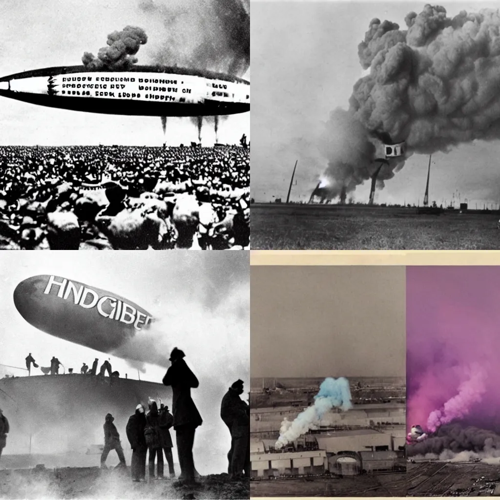 Prompt: Hindenburg disaster gender reveal where the smoke is either coloured pink or blue