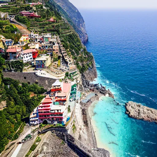 Prompt: matterhorn in the seaside with cinque terre cities on a cliff, drone picture, very realistic