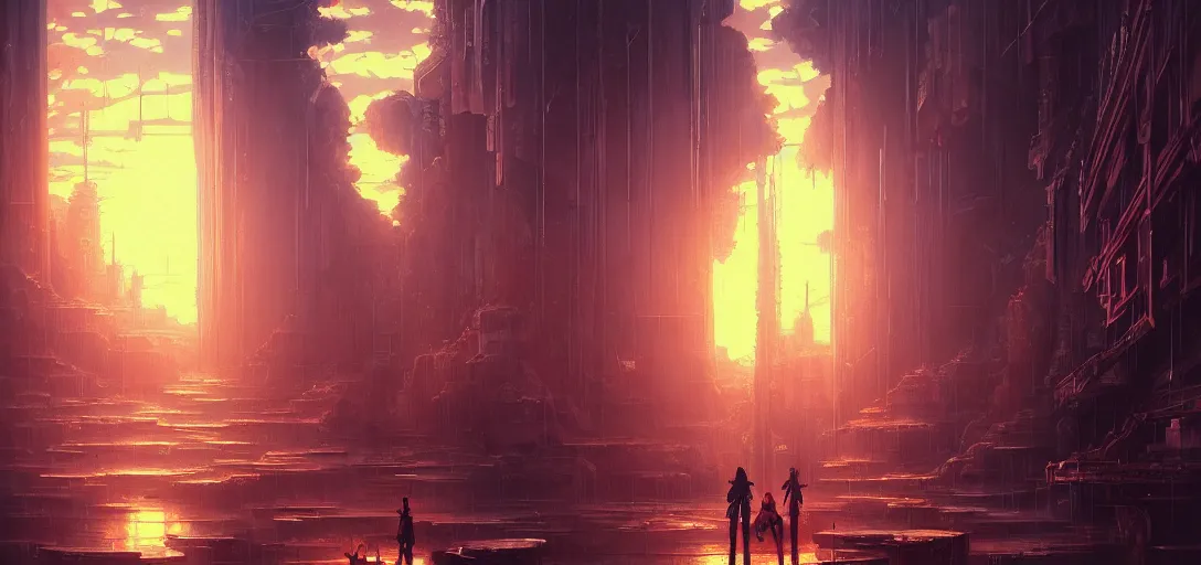 Image similar to baroque oil painting of anime key visual environment of a hell in a cyberpunk world, brutalist, dark fantasy, sunset, rule of thirds, digital cel shading, fake hidden detail, trending on pixiv fanbox, style of makoto shinkai studio ghibli jamie wyeth james gilleard greg rutkowski