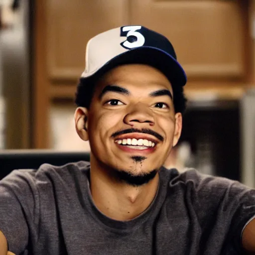 Image similar to a tv still of Chance The Rapper starring as a college student in a 1998 sitcom, 40mm lens