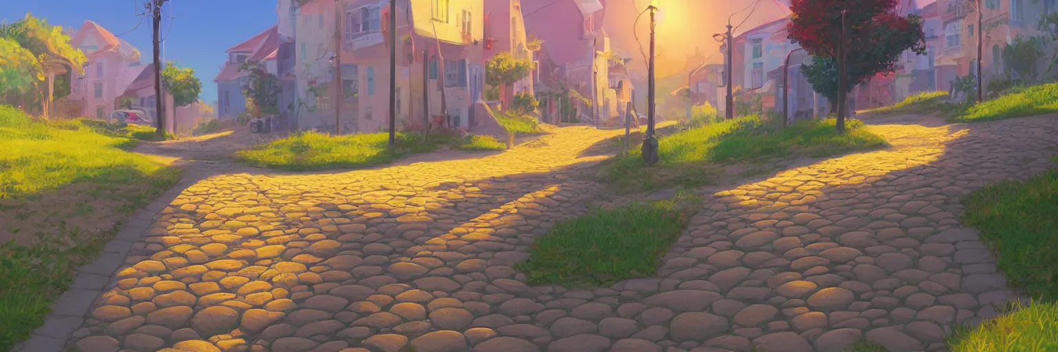Prompt: a lonely cobblestone street on a hill near the beach and the sea, brightly illuminated by rays of sun, artstation, colorful sylvain sarrailh illustration