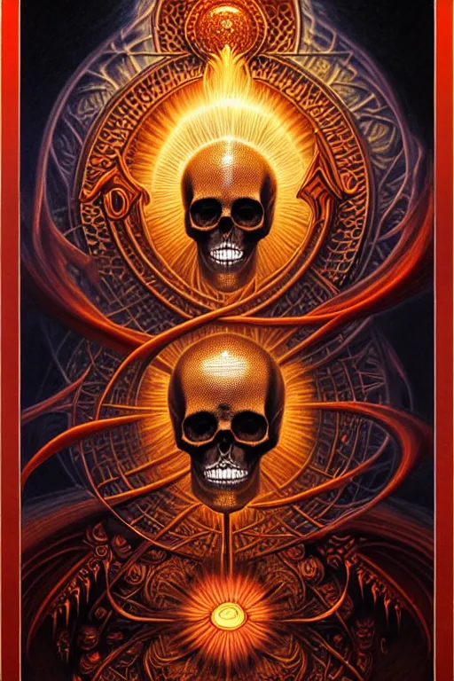 Image similar to A beautiful detailed orixa sun godness, tarot card, by tomasz alen kopera and Justin Gerard, symmetrical features, ominous, magical realism, texture, intricate, ornate, royally decorated, skull, skeleton, whirling smoke, embers, red adornements, red torn fabric, radiant colors, fantasy, trending on artstation, volumetric lighting, micro details, 3d sculpture, ray tracing, 8k, anaglyph effect
