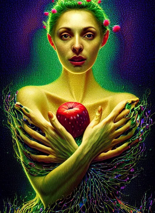 Image similar to hyper detailed 3d render like a Oil painting - Aurora (Singer) Eats of the Strangling Fruit of penance open eyes and Her Hands full of gossamer polyp blossoms bring iridescent fungal flowers whose spores black the foolish stars by Jacek Yerka, Mariusz Lewandowski, Houdini algorithmic generative render, Abstract brush strokes, Masterpiece, Edward Hopper and James Gilleard, Zdzislaw Beksinski, Mark Ryden, Wolfgang Lettl, hints of Yayoi Kasuma, octane render, 8k