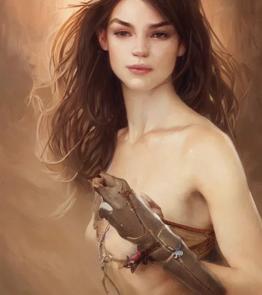 Image similar to portrait of a young woman, soft features, gentle smile, muscular, half body, cloth, brown hair, d & d, fantasy, intricate, highly detailed, digital painting, artstation, concept art, smooth, sharp focus, illustration, art by artgerm and greg rutkowski and alphonse mucha