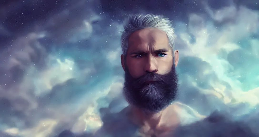 Image similar to male, white beard, space clouds, milkyway, green eyes, bodybuilder, single subject, intricate, detailed, volumetric lighting, scenery, digital painting, highly detailed, artstation, sharp focus