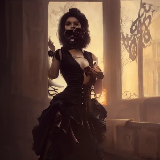 Image similar to a fancy photograph of an attractive women in a steampunk style half cut dress by greg rutkowski, sung choi, mitchell mohrhauser, maciej kuciara, johnson ting, maxim verehin, peter konig, 8 k photorealistic, cinematic lighting, hd, high details, dramatic, dark atmosphere, trending on artstation