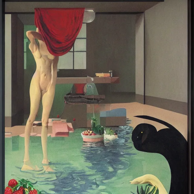 Prompt: a female pathologist in her apartment, a river flooding inside, sensual, plants in glass vase, water, river, rapids, pig, canoe, black swans, pomegranate, berries dripping, acrylic on canvas, surrealist, by magritte and monet