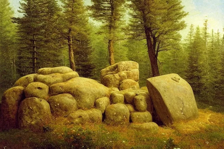 Prompt: runestone, runic inscription, ancient writing, megalithic, monument, nature, trees, focused, centered, very detailed, norse, history, oil painting, Albert Bierstadt, Theodor Kittelsen, Hermann Hendrich