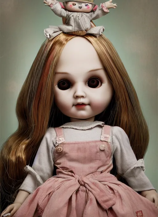 Image similar to highly detailed wide - angle portrait of a retro doll with low detail simple hands, nicoletta ceccoli, mark ryden, lostfish, earl nore, hyung tae, frank frazetta, global illumination, detailed and intricate environment