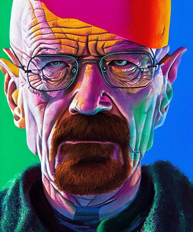 Image similar to a portrait of walter white in a colorful environment in a painting from stalenhag, 4 k, 8 k, hdr, artstation