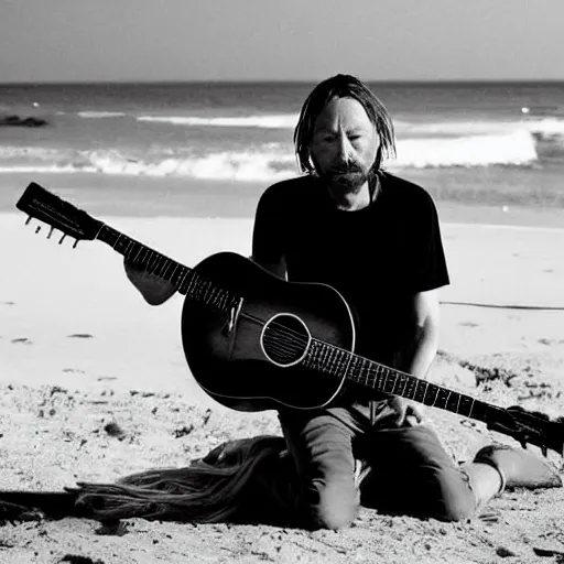 Prompt: Thom Yorke stading on a beach with guitar, a photo by John E. Berninger, trending on pinterest, private press, associated press photo, angelic photograph, masterpiece