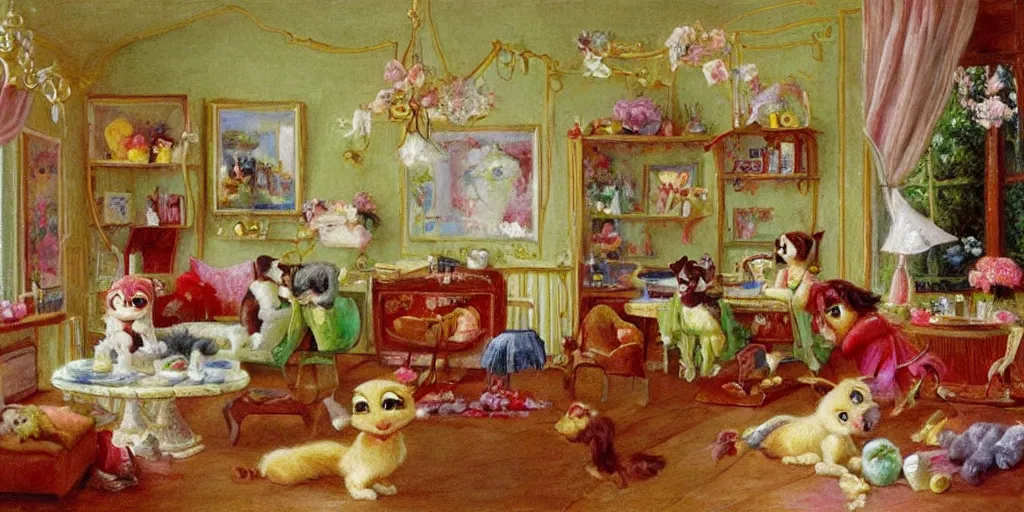 Image similar to 3 d littlest pet shop animals, sitting on pillows, eating fruit, decadence, parlor, sitting room, czech republic perfume bottles, delectable delights, sugar, powdered sugar, pastels, dream, mid shot, master painter and art style of noel coypel, art of emile eisman - semenowsky, art of edouard bisson