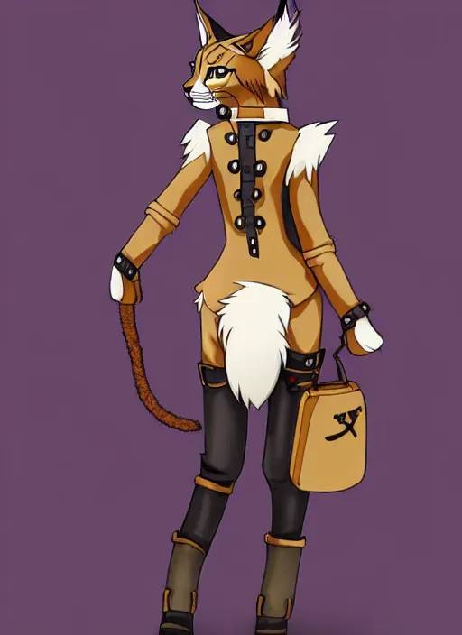 Image similar to the full body of anthropomorphic lynx fursona from behind wearing a steampunk suit, anime, manga