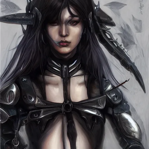 Image similar to portrait of a female dark elf by ayami kojima, she is about 2 0 years old, american, black hair, introvert, she is wearing a modern witch tactical gear, scifi, highly detailed portrait, digital painting, artstation, concept art, smooth, sharp foccus ilustration, artstation hq