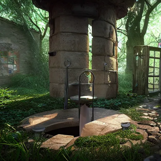 Image similar to E-girl talks to a magical well, in the backyard of an overgrown suburb, beautiful detail, unreal engine, concept art