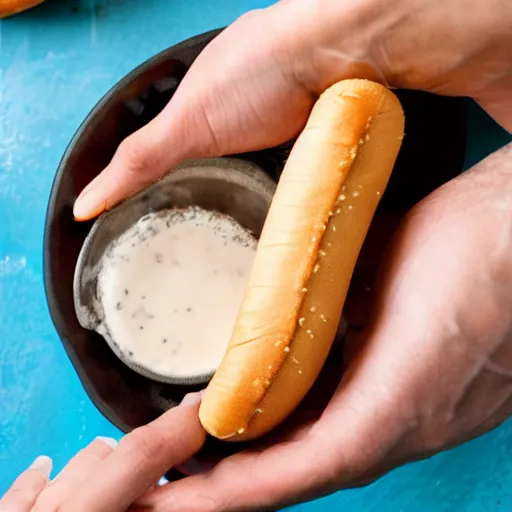 Prompt: fist holding a hotdog, dipping it into a large bowl of milk