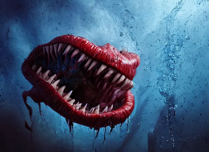 Image similar to a giant slimy creepy monster, very long slimy tongue, saliva, mouth inside a mouth, many long wet tongues, translucent skin, fangs, red glowing veins, thin blue arteries, cinematic colors, standing in shallow water, insanely detailed 8 k artistic photography, dramatic lighting