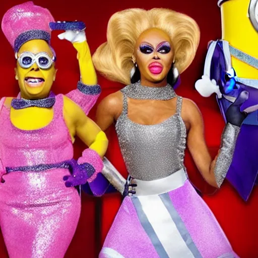 Prompt: minions competing on ru Paul’s drag race