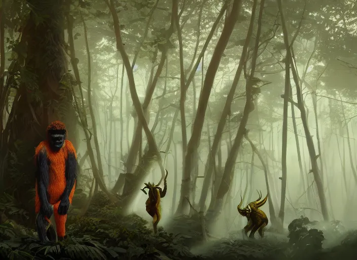 Prompt: a few safety cones in a beautiful strange forest, a man in a hairy gorrilla costume sri lankan yakka mahasohna devil beast in a mask stands in the center distance, cinematic painting by james jean, atomspheric lighting, moody lighting, dappled light, detailed, digital art, limited color palette, wes anderson, artstation, 2 4 mm lens, surreal