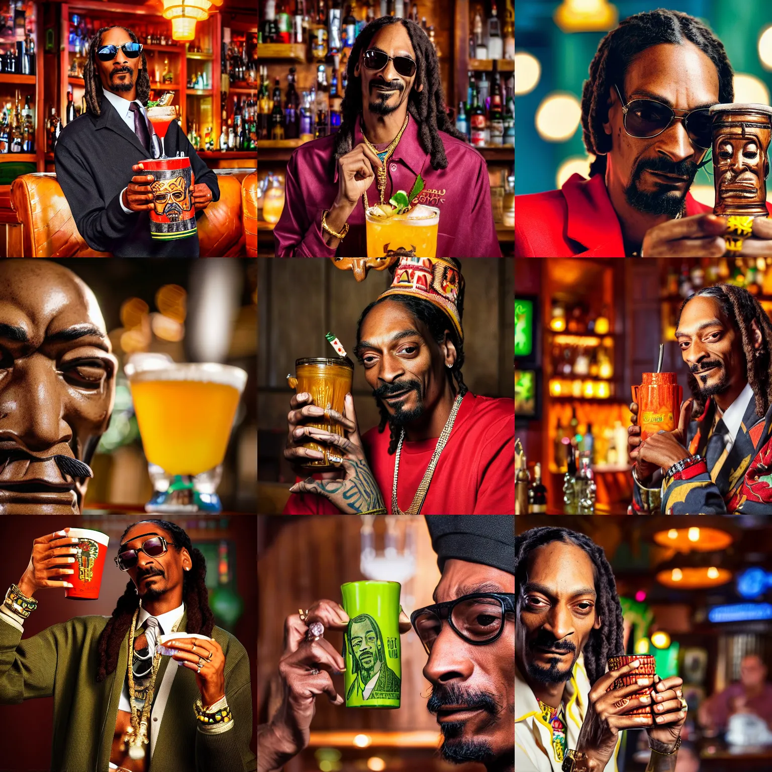 Prompt: a closeup photorealistic photograph of snoop dogg at trader vic's bar holding a tiki mug with his face on it. brightly lit scene. this 4 k hd image is trending on artstation, featured on behance, well - rendered, extra crisp, features intricate detail, epic composition and the style of unreal engine.