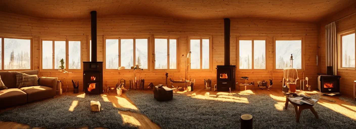 Prompt: The living room of a cozy large modern Norwegian cabin in midsummer with a wood stove, warm light, snow outside the windows, low ceiling, digital art, extremely detailed, in the style of Wes Anderson and Miyazaki, beautiful, 4k, trending on Artstation