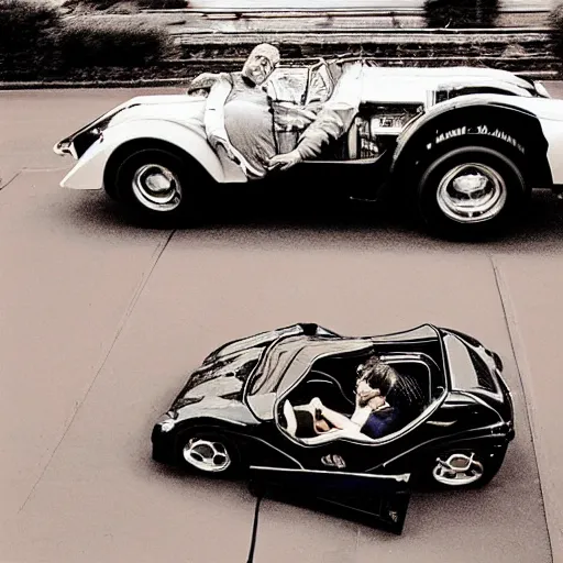 Image similar to steve albini in a bugatti, portrait, by martin parr