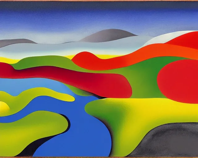 Image similar to An insane, modernist landscape painting. Wild energy patterns rippling in all directions. Curves, organic, zig-zags. Saturated color. Mountains. Clouds. Rushing water. Georgia O'Keeffe. Zao Wou-ki. Yves Tanguy.