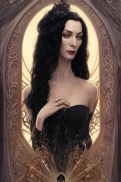 Prompt: claudia black as morticia addams, masterpiece, intricate, elegant, highly detailed, digital painting, artstation, concept art, smooth, sharp focus, illustration, art by artgerm and greg rutkowski and alphonse mucha and uang guangjian and gil elvgren and sachin teng, symmetry!!