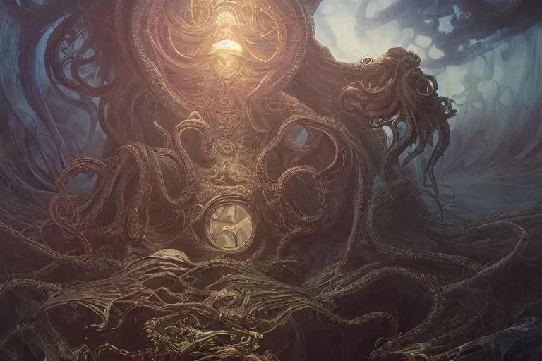 Image similar to a lovecraftian painting of cthulhu rising, cosmic horror elements, ultra realistic, concept art, intricate details, eerie, highly detailed, photorealistic, octane render, 8 k, unreal engine. art by artgerm and greg rutkowski and alphonse mucha