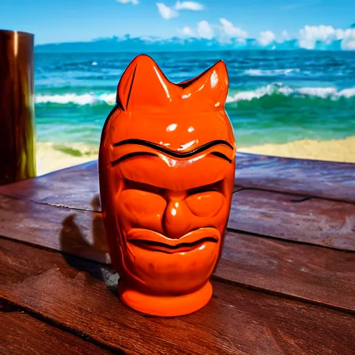 Image similar to a closeup photorealistic photograph of a glossy orange cat garfield style tiki mug sitting at a trader vic's beach bar featuring garfield's face. tiki theme. bright scene. fine detail. this 4 k hd image is trending on artstation, featured on behance, well - rendered, extra crisp, features intricate detail, epic composition and the style of unreal engine.