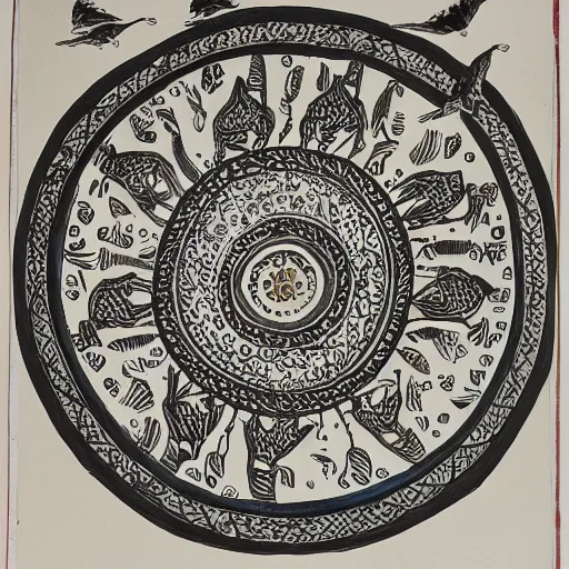 Image similar to an opened spiral with three flying birds, representing liberty, ink, black watercolour