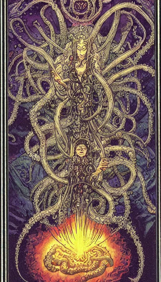 Image similar to lovecraftian cultist tarot card yoshitaka amano jean giraud rococo