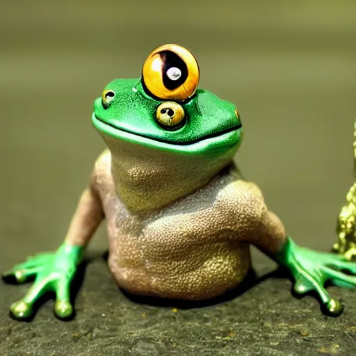 Image similar to anthropomorphic frog wearing crown, photo, 5 5 mm