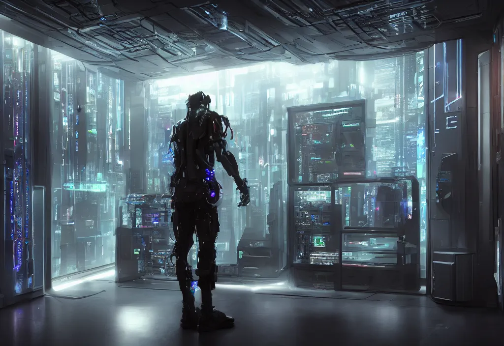 Prompt: cyberpunk server room in datacenter is the universe, dramatic lighting by barclay shaw style, by evan rhodes artstation style, human like a cyborg, cyberpunk character design, walking in server room, octane render 8 k, beautiful composition, ultra high details, professional master piece