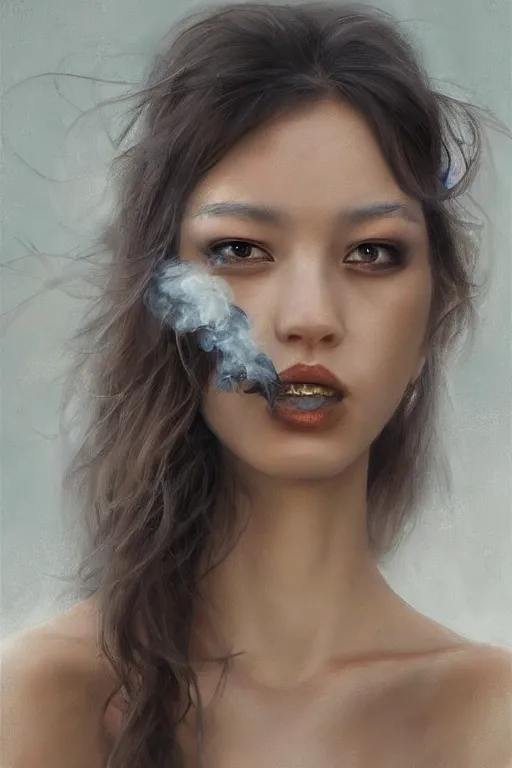 Prompt: a portrait of a beautiful woman with smoke and fire coming out of her eyes, artwork by Stanley Artgerm Lau, a masterpiece