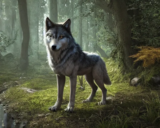 Image similar to a wolf standing on a riverbank in a forest, natural lighting, ultra realistic, concept art, intricate details, highly detailed, photorealistic, octane render, 8 k, unreal engine