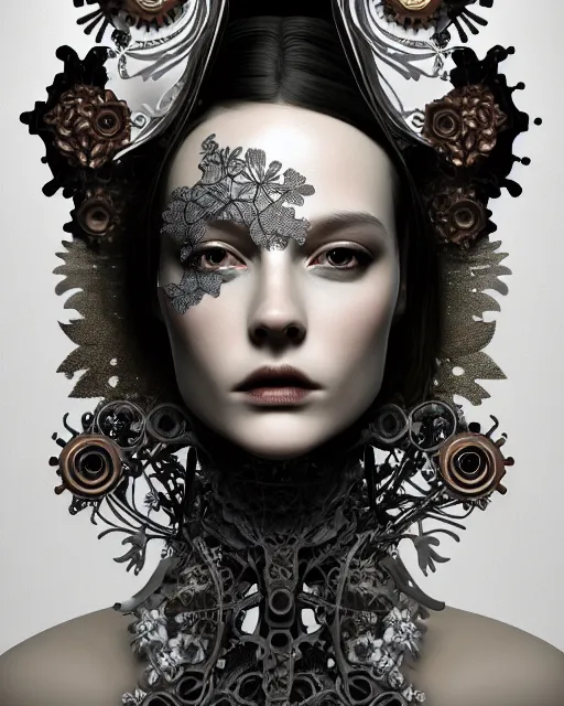 Prompt: monochrome profile portrait painting, silver lace floral steampunk biomechanical beautiful young female cyborg with techno eye, volumetric light, leaves foliage and stems, hibiscus flowers, sinuous fine roots, fine foliage lace, alexander mcqueen, rim light, big gothic fashion pearl embroidered collar, octane render, dutch masters, 8 k