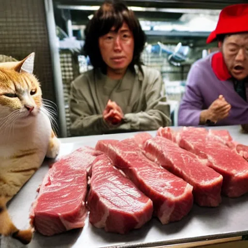 Image similar to angry japanese butcher slices meat next to two cute cats looking at him