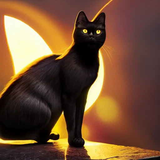 Prompt: magic black energy cat, golden hour, fantasy, sharp focus, digital art, hyper realistic, 4 k, unreal engine, highly detailed, hd, dramatic lighting by brom, trending on artstation